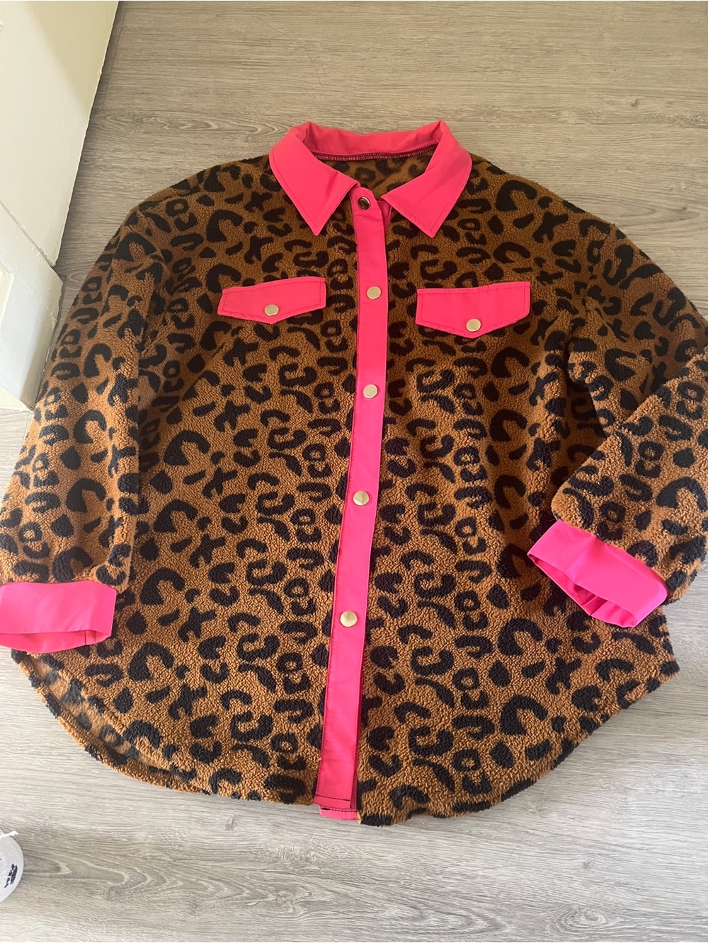Kids' Leopard Print Button-Up Top with Hot Pink Trim